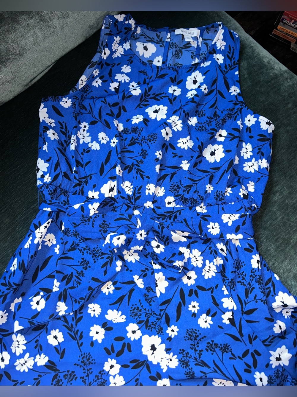 Nine West Blue and White Floral Belted Cropped Jumpsuit